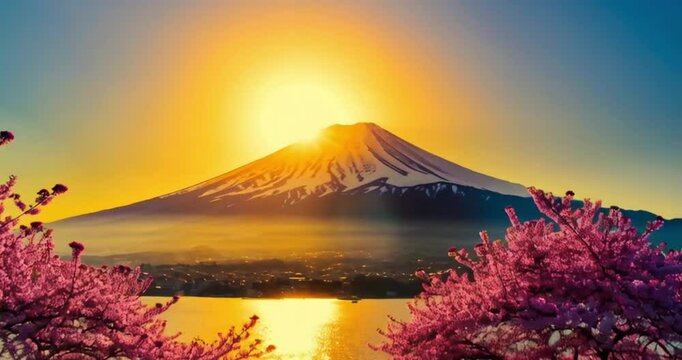 sakura cherry blossoms, mount fuji, sunset, serene lake, colorful sky, landscape, digital art, 8k, highly detailed, photorealistic
