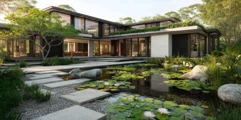 Modern house with beautiful landscaping featuring water lilies and a pond