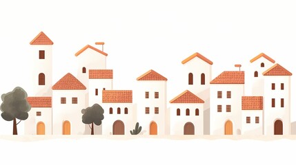 Fototapeta premium Charming Mediterranean Village Illustration, Whitewashed Houses, terracotta roofs, and lush greenery. Perfect for travel, tourism, or real estate.