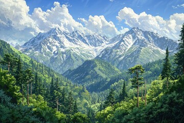 Fototapeta premium Majestic mountain range with lush valley foliage.