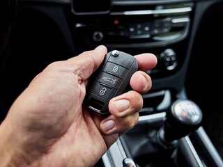 Hand holding modern car key remote in vehicle interior, close-up view
