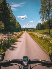 Cycling through scenic countryside road with wildflowers and blue sky – perfect for travel blogs, outdoor fitness ads, and nature tourism campaigns