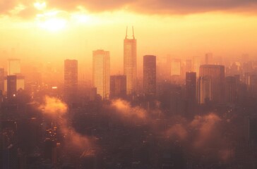 Obraz premium Futuristic Shinjuku skyline glowing under sunrise,