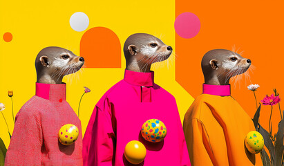Fashionable anthropomorphic otters with colorful Easter eggs – surreal spring editorial concept with vibrant geometric background.