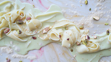 Pistachio sauce pasta in elegant swirl – gourmet food flat lay with creamy green texture on marble pink background.
