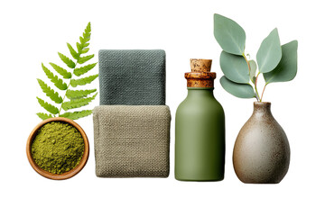Moss Green Inspired Still Life Composition with Soap Bottle and Fern in Studio Shot with Transparent Background for Spa and Beauty Mockup
