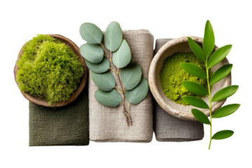 Moss Green Inspired Spa Arrangement Featuring Towels Greenery and Transparent Background a Wellness Still Life with Natural Elements