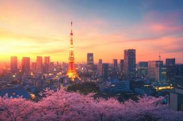 High-angle drone shot of Tokyo skyline at dawn, light trails