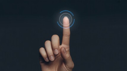 A close-up of a male hand with light skin, touching a virtual interface, symbolizing technology and interaction.