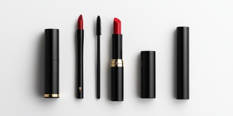 luxury lipstick flat lay, sleek modern styling on white background, minimalist composition, high-end product photography