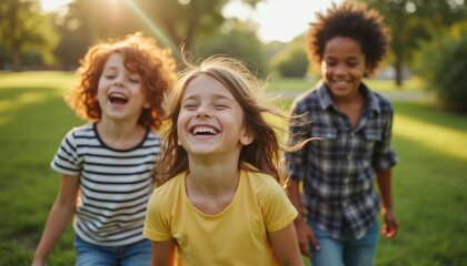 Fototapeta premium Joyful children laughing and playing in a sunlit park