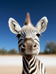 Cute zebra face close-up with a mohawk mane under blue sky – playful wildlife portrait in natural habitat.