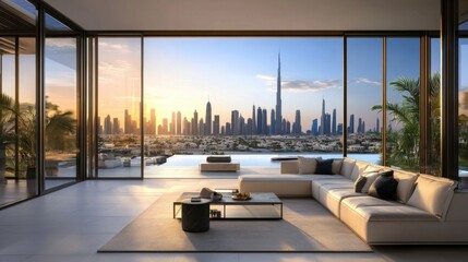 Luxury property investment presentation background with urban skyline, clean layout and gradient sky for title overlay