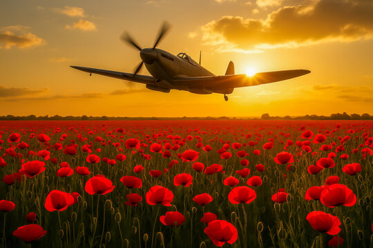 World War II fighter plane flying over poppy field at sunset