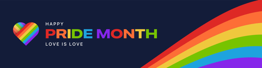 Pride Month Banner. Happy Pride Month Rainbow Text and Pride Flag Ribbon Decoration and Pride Flag Love Heart Element. LGBTQ Pride Month Rainbow Background Vector Illustration.