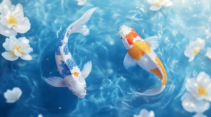 Koi fish swimming in clear blue water with white lotus flowers – ideal for spa themes, relaxation visuals, nature prints, and meditation content