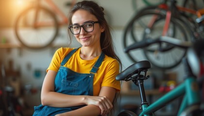 Smiling woman in glasses poses confidently in a bike workshop