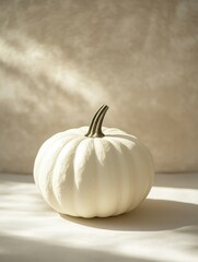 White pumpkin in soft sunlight on neutral background – perfect for autumn decor ideas, minimal seasonal aesthetics, and Thanksgiving blog content