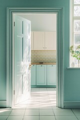Sunlit kitchen with mint green cabinets viewed through open white door – ideal for interior design inspiration, home renovation blogs, or lifestyle magazine covers