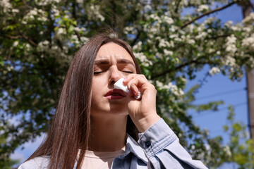 Fototapeta premium Woman with paper tissue suffering from seasonal pollen allergy near blossoming tree on spring day, low angle view
