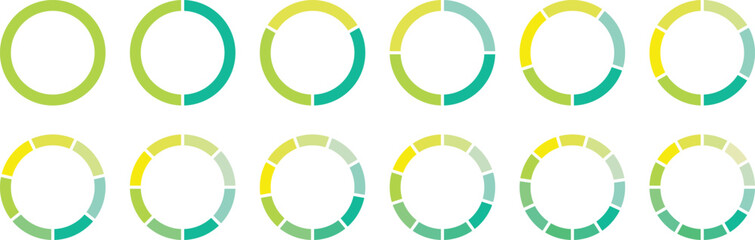 Pie chart color icons. Circle section graph. 1,2,3,4,5,6,7,8,9,10,11,12 segment infographic. Different color circles isolated. Segment slice sign. Infographic element round shape. Vector illustration