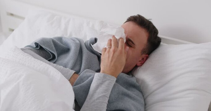 Sick unhappy young man lying in bed, suffering from cold, seasonal infection or flu virus at home. Unhealthy guy with runny nose wrapped in plaid and blanket sneezing in tissue, checking temperature.