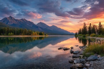 Lake mountain reflection scenic view on white background on transparent background