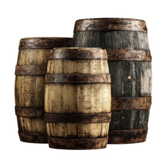 Obraz premium Three weathered barrels isolated on transparent background