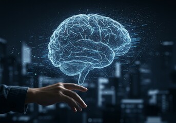 Digital Brain Hologram with Hand Over a Dark City Illustration