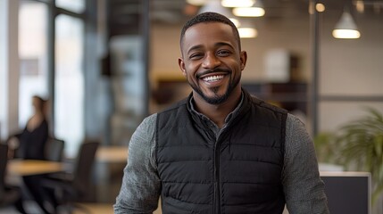 A smiling young man with short, curly hair stands in a modern office space, wearing a dark vest over a light sweater.