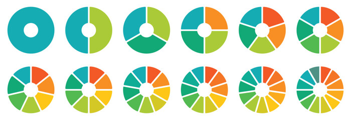 Pie chart color icons. Segment slice sign. 1,2,3,4,5,6,7,8,9,10,11,12 segment infographic. Different color circles isolated. Infographic element round shape. Circle section graph. Vector illustration