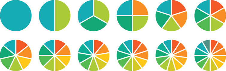 Pie chart color icons. Circle section graph. 1,2,3,4,5,6,7,8,9,10,11,12 segment infographic. Different color circles isolated. Segment slice sign. Infographic element round shape. Vector illustration