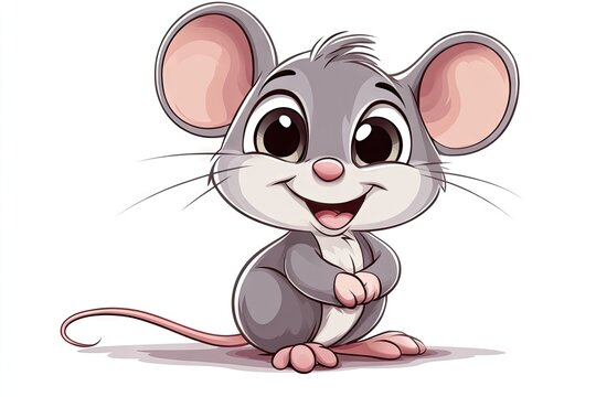 Cute cartoon mouse, light gray fur, large expressive eyes, happy expression, small paws,  sitting pose
