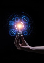 Digital Illustration Hand Holding Light Bulb Idea with Glowing Effect on Black Background