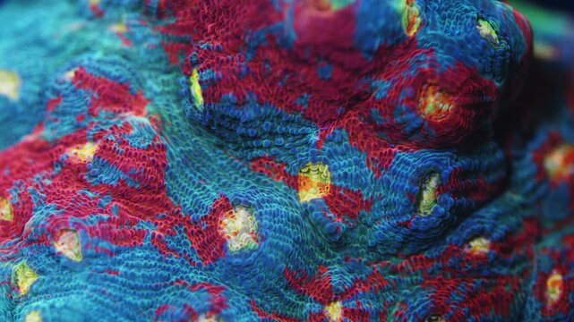 Macro shot of Aspera Bugatti chalice coral under actinic lighting, featuring a greenish-blue surface with red patches and light yellow &ldquo;eyes&rdquo; in reef aquarium