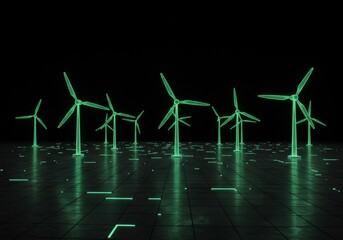 Digital Illustration of Green Glowing Wind Turbines on Dark Abstract Background