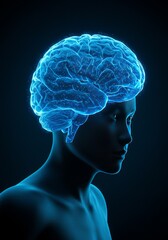 Obraz premium Digital Illustration of Glowing Blue Brain Within Human Head Silhouette