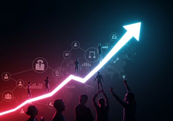 Digital Illustration of People with Glowing Arrow Representing Business Growth in Dark Background