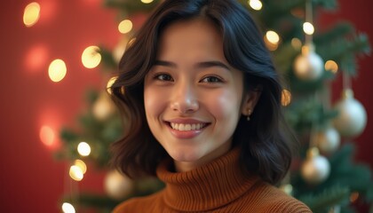 Cheerful young woman smiling in front of a festive Christmas tree