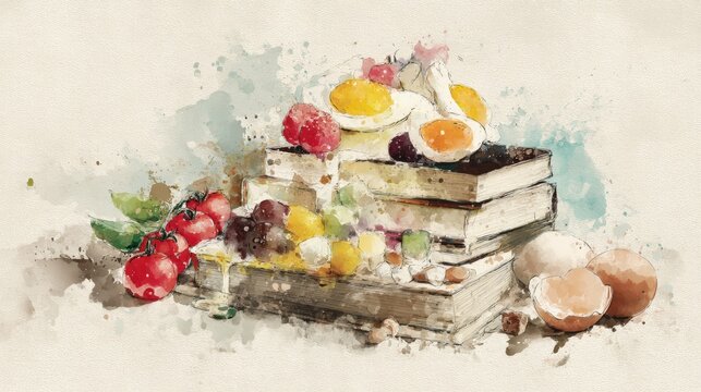 Culinary knowledge Still life of food atop a stack of books with watercolor style.