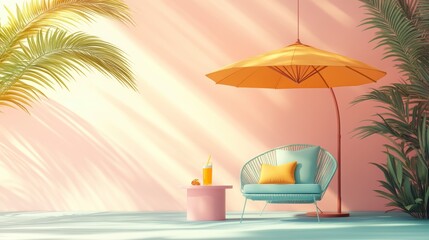 Obraz premium Serene summer features a turquoise chair, yellow umbrella, and refreshing juice on a pink table