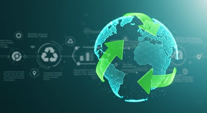 Digital Illustration of the Earth Globe with Recycling Symbol against a Dark Blue Background