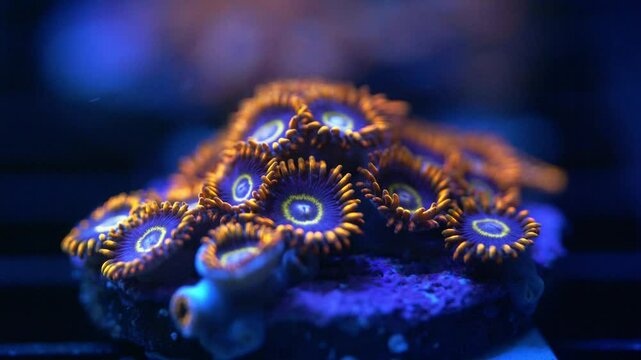 Macro shot of Rainbow Hornets Zoanthus coral under actinic lighting, showing vibrant orange outer edges, blue base, and a bright yellow inner ring with detailed polyp structure in reef aquarium