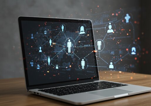 Digital Laptop Displaying Network Connection Symbols in Abstract Illustration