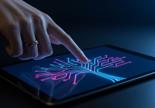 Digital Tablet With Illuminated Circuit Board Showing Touch Interaction - Powered by Adobe