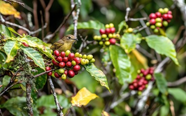 Fototapeta premium Small yellow-brown bird on coffee plant