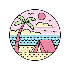 Minimalist Beach Camping Tent Pastel Colors Illustration