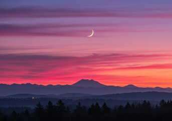 Fototapeta premium Dramatic Sunset With Crescent Moon Over Silhouetted Mountains Photo
