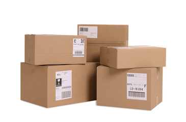 Fototapeta premium Many parcels with shipment labels isolated on white