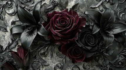 Dark, ornate floral arrangement of black lilies and deep red roses on a textured, carved background.